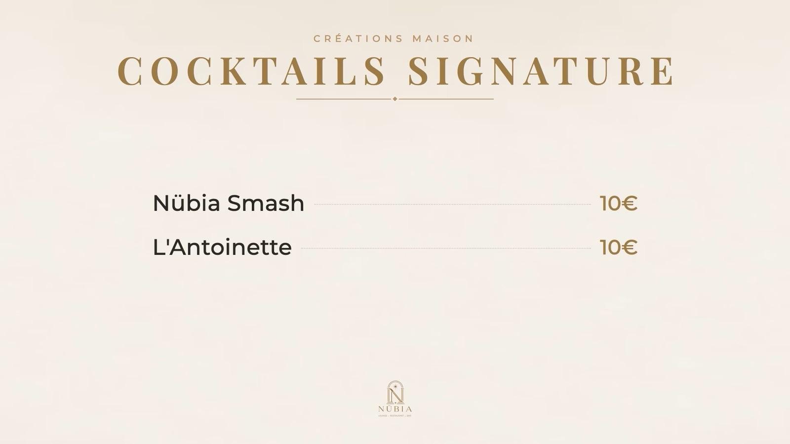 NUBIA — Menu Boissons